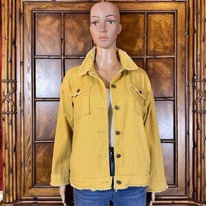 NWOT Dijon Yellow Cotton Blend Fringe Trim Denim Jacket